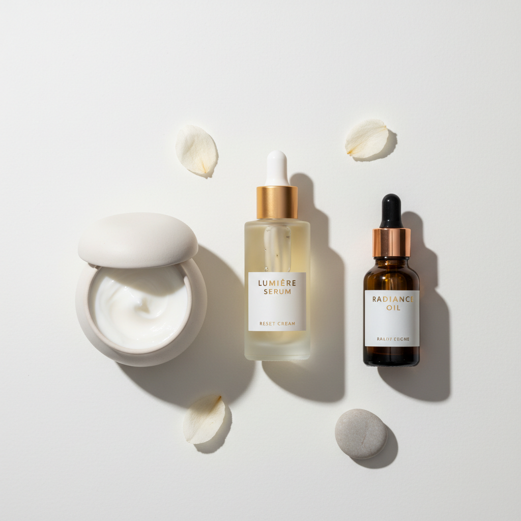 Premium skincare set flat lay on pale white surface