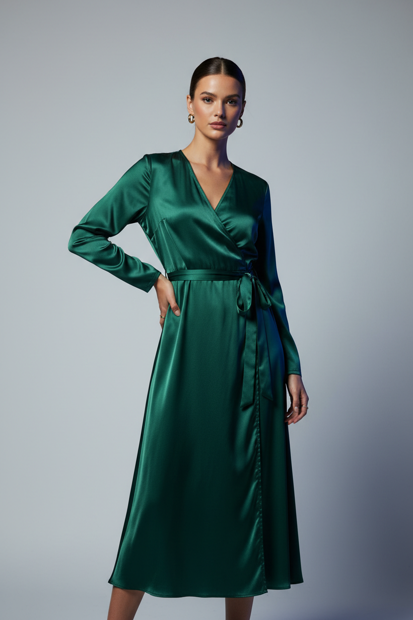 Satin Wrap Midi Dress