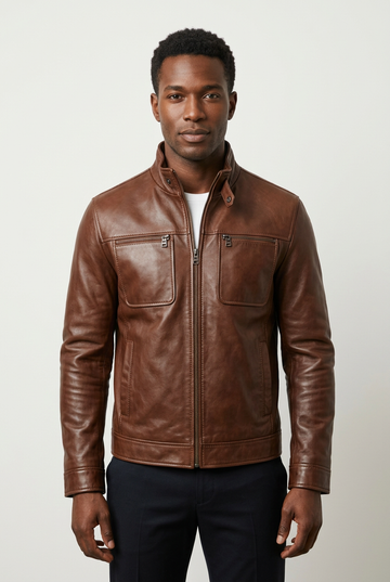 Brown leather jacket on a new model in a clean studio setting