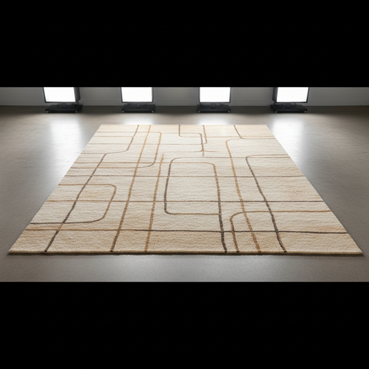 Ivory geometric wool rug on pale concrete floor