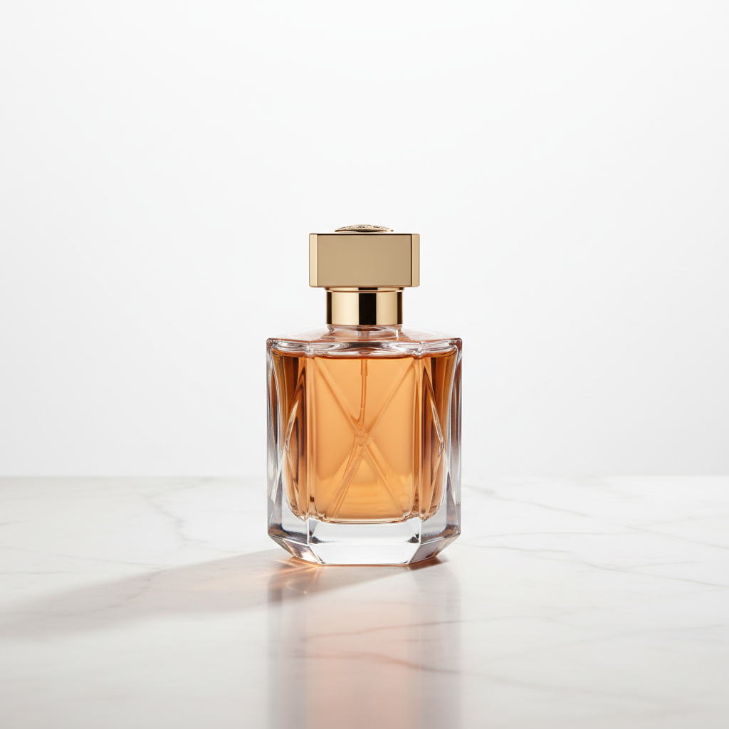 Faceted amber glass perfume bottle on pale marble surface