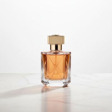 Faceted amber glass perfume bottle on pale marble surface