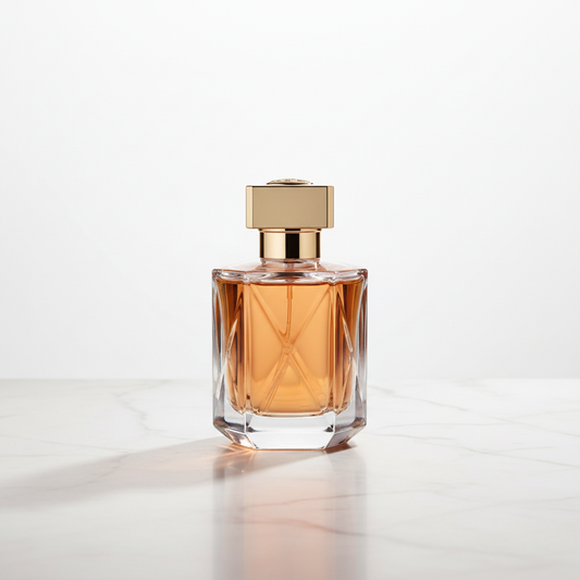Faceted amber glass perfume bottle on pale marble surface
