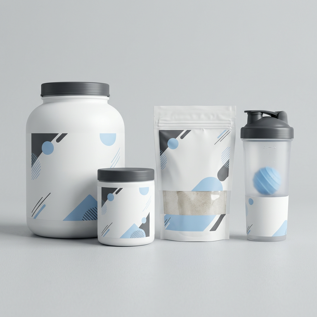 Illustrative unbranded sports nutrition packaging bundle with shaker