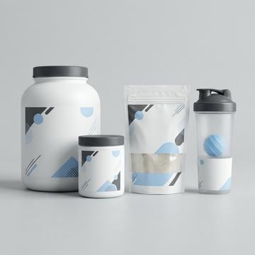 Illustrative unbranded sports nutrition packaging bundle with shaker