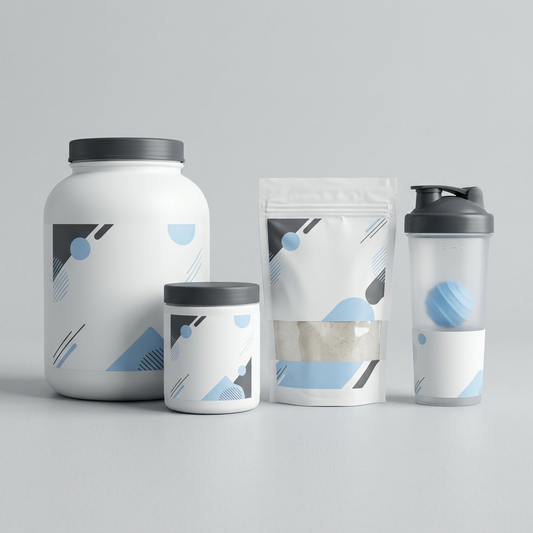 Illustrative unbranded sports nutrition packaging bundle with shaker