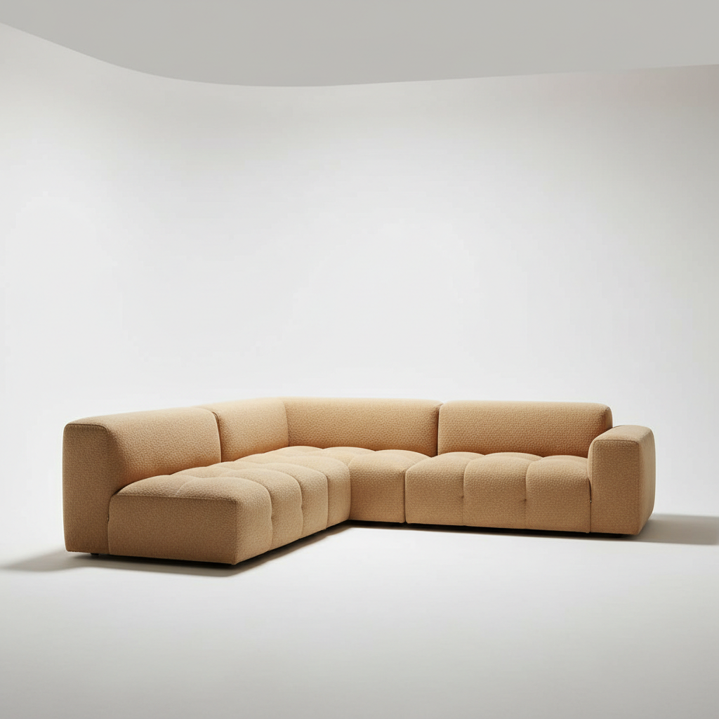 Oatmeal boucle modular sofa against pale studio background