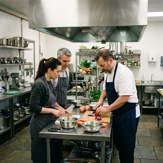 Illustrative private cooking class with a chef instructor and two learners in a professional teaching kitchen