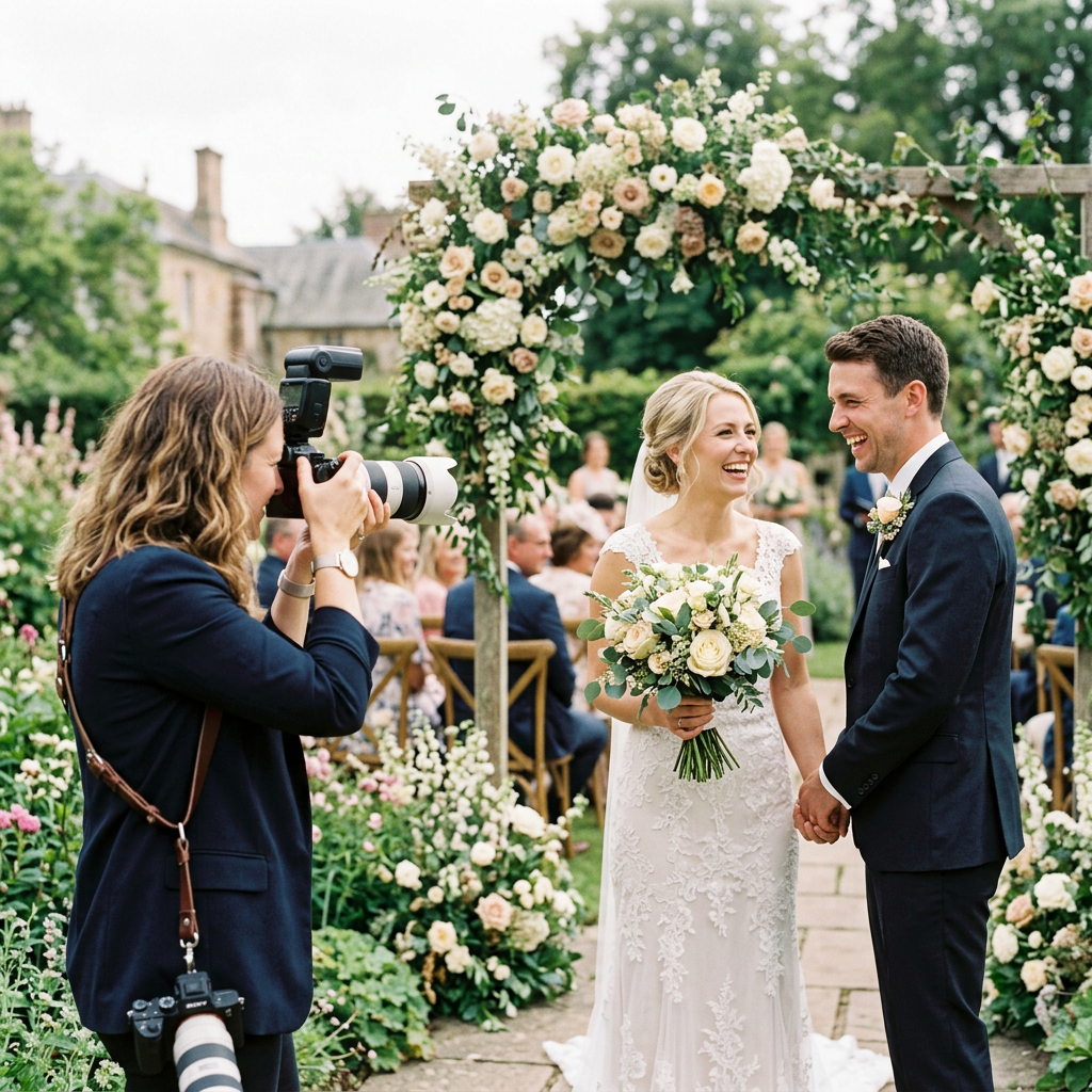 Illustrative photographer photographing a wedding couple in a garden