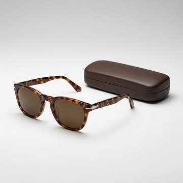 Illustrative unbranded tortoiseshell-style sunglasses with a plain case
