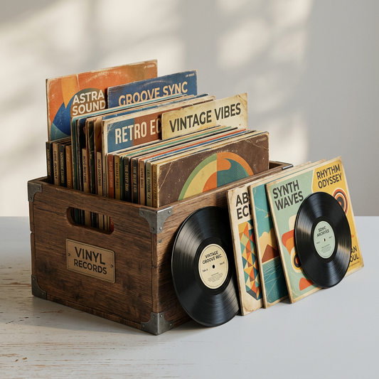 Illustrative vintage vinyl LP collection with fictional record sleeves