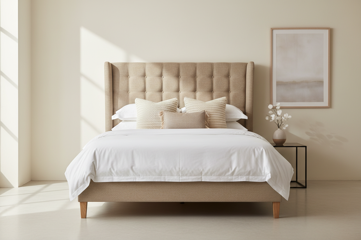 Henley Upholstered Bed in Oatmeal Linen – Button & Sprung
