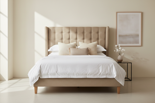 Henley Upholstered Bed in Oatmeal Linen – Button & Sprung