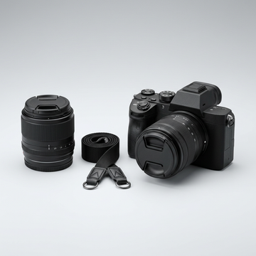 Illustrative unbranded mirrorless camera with two lenses and a strap