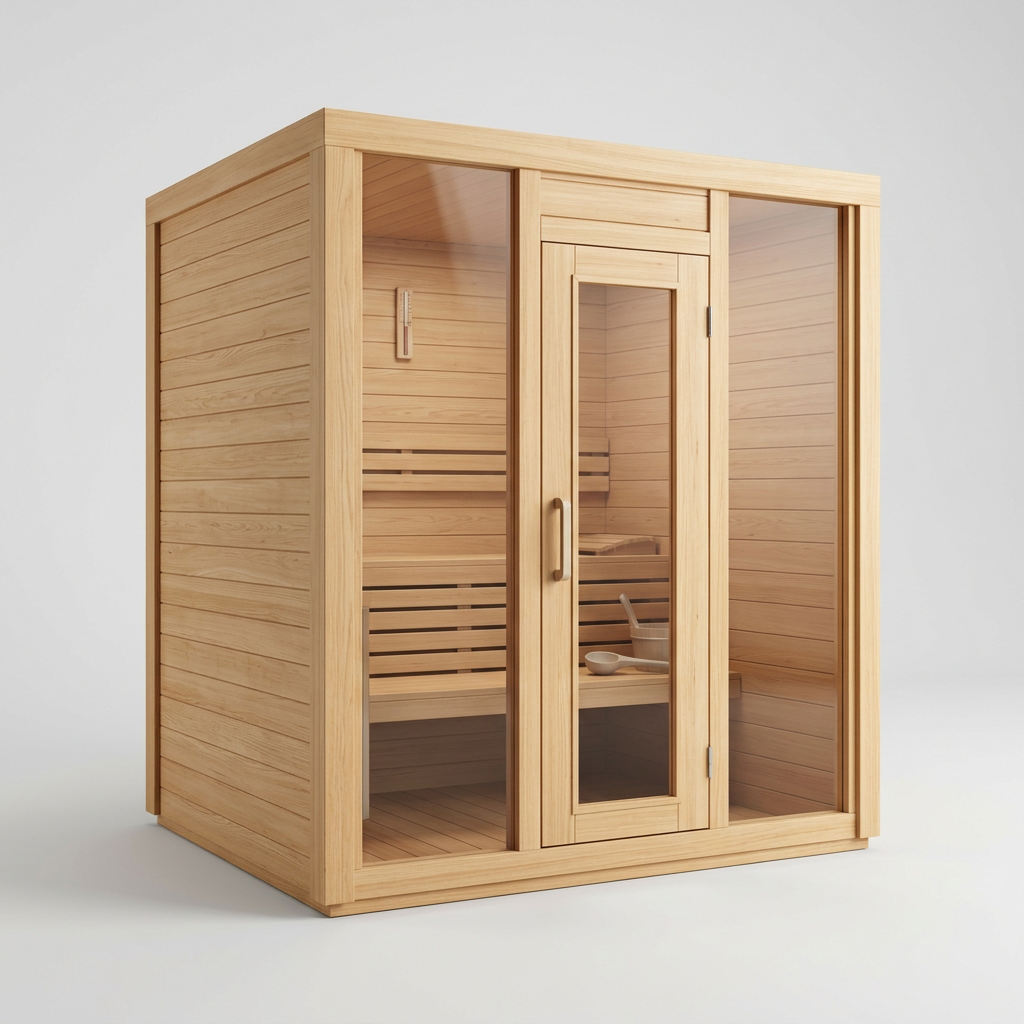 Illustrative unbranded compact wooden home sauna cabin
