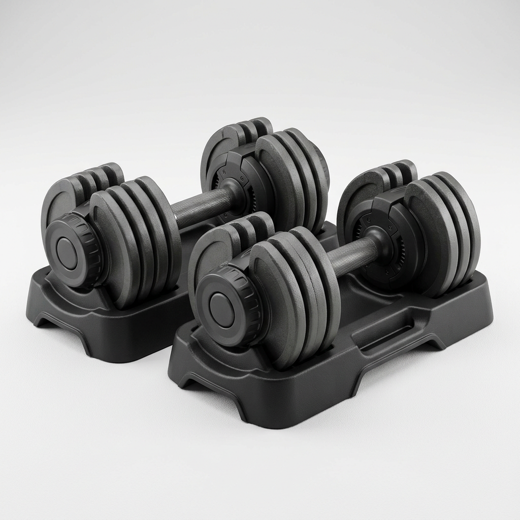 Illustrative unbranded adjustable dumbbell pair in individual storage cradles