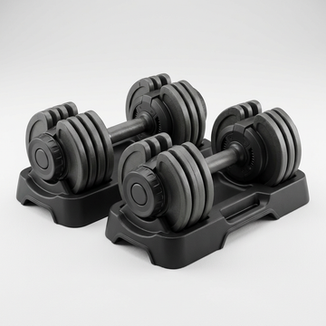 Illustrative unbranded adjustable dumbbell pair in individual storage cradles