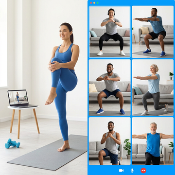Split-screen online group fitness class illustration
